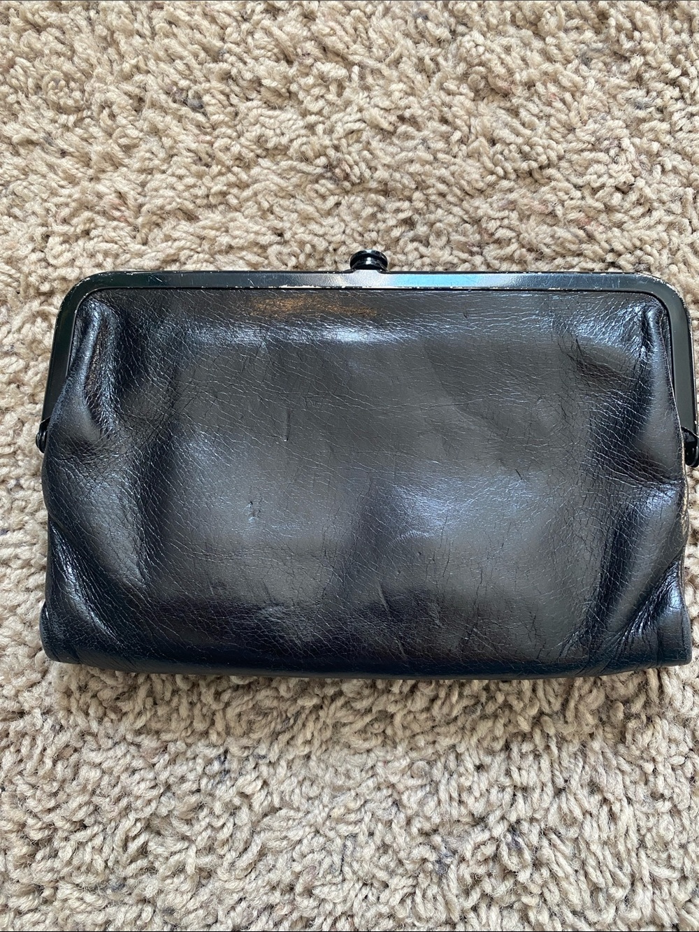 HOBO Classic Black Leather Kiss-Lock Wallet Clutch for Women